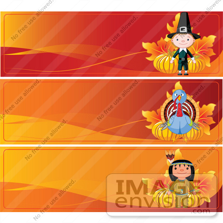 #56337 Royalty-Free (RF) Clip Art Illustration Of A Digital Collage Of Three Thanksgiving Banners; Pilgrim, Turkey And Native American by pushkin