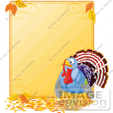#56338 Royalty-Free (RF) Clip Art Illustration Of A Turkey Bird By A Blank Thanksgiving Sign With Autumn Leaves by pushkin