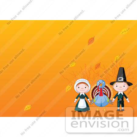 #56340 Royalty-Free (RF) Clip Art Illustration Of Male And Female Pilgrims With A Thanksgiving Turkey Bird And Autumn Leaves On Orange by pushkin
