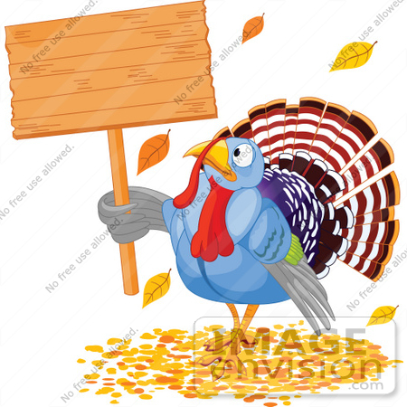#56343 Royalty-Free (RF) Clip Art Illustration Of A Thanksgiving Turkey Holding A Blank Wooden Sign In Autumn Leaves by pushkin