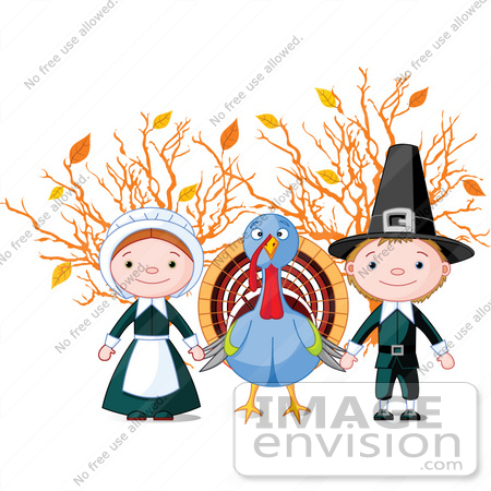 #56345 Royalty-Free (RF) Clip Art Illustration Of A Thanksgiving Turkey Holding Hands With Pilgrims In Front Of Autumn Branches by pushkin