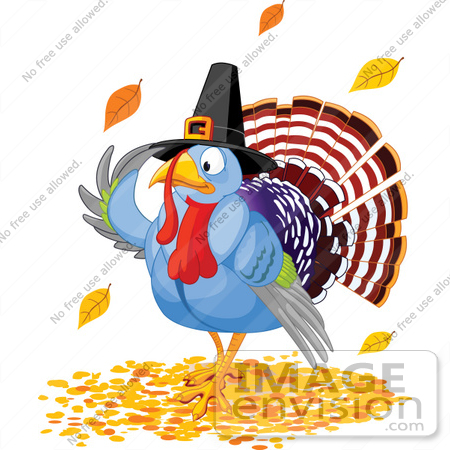 #56347 Royalty-Free (RF) Clip Art Illustration Of A Thanksgiving Turkey Pilgrim Wearing A Hat And Standing In Autumn Leaves by pushkin