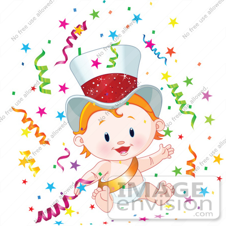 #56354 Royalty-Free (RF) Clip Art Illustration Of A Cute Strawberry Blond New Year Baby Wearing A Gold Sash And Hat, Surrounded By Confetti by pushkin