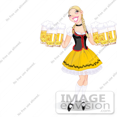 #56355 Royalty-Free (RF) Clip Art Illustration Of A Beautiful Blond Oktoberfest Lady Serving Beers, With Copyspace by pushkin