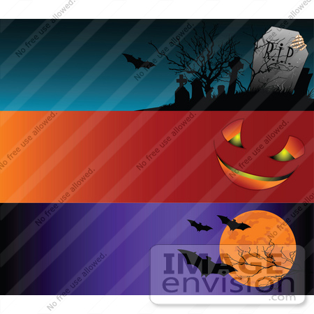 #56364 Royalty-Free (RF) Clip Art Illustration Of A Digital Collage Of Three Blank Halloween Website Headers; Cemetery, Pumpkin Face And Bats by pushkin
