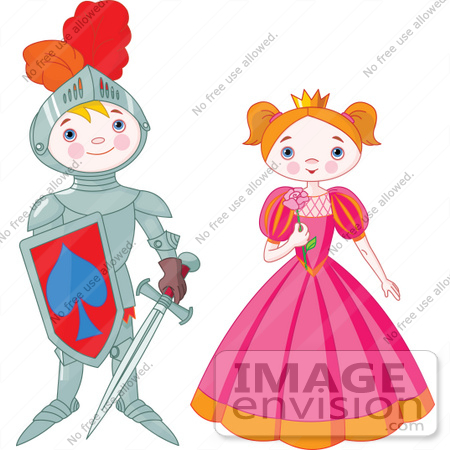 #56367 Royalty-Free (RF) Clip Art Illustration Of A Proud Knight Boy Standing By A Pretty Princess by pushkin