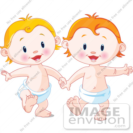 #56373 Royalty-Free (RF) Clip Art Illustration Of Blond And Strawberry Blond Babies Holding Hands And Walking In Diapers by pushkin