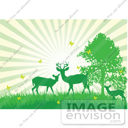 #56395 Royalty-Free (RF) Clip Art Illustration Of A Bursting Sky Behind Green Silhouetted Deer With Yellow Butterflies by pushkin