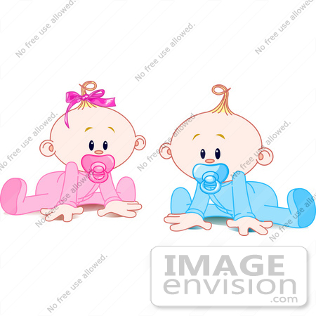 #56407 Clip Art Illustration Of A Twin Baby Boy And Girl With Pacifiers, Trying To Crawl by pushkin