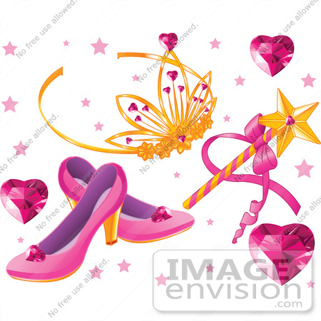#56428 Royalty-Free (RF) Clip Art Illustration Of A Digital Collage Of Heart Gems, A Tiara, Magic Wand And Slippers by pushkin