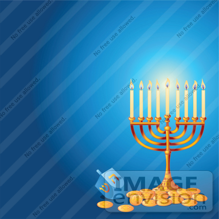 #56434 Royalty-Free (RF) Clip Art Illustration Of A Glowing Hanukkah Menorah With Gold Coins On A Blue Background by pushkin
