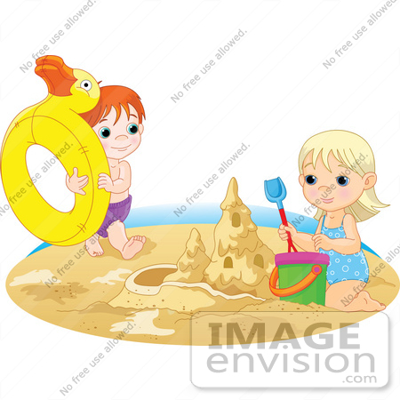 #56439 Royalty-Free (RF) Clip Art Illustration Of A Brother And Sister Playing With An Innertube And Making A Sand Castle On A Beach by pushkin