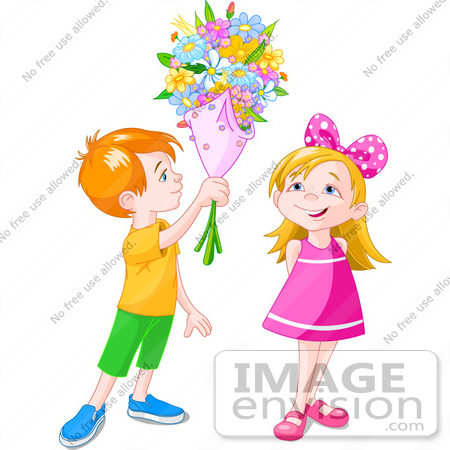 #56444 Clip Art Illustration Of A Red Haired Boy Holding A Flower Bouquet Over A Little Girl by pushkin