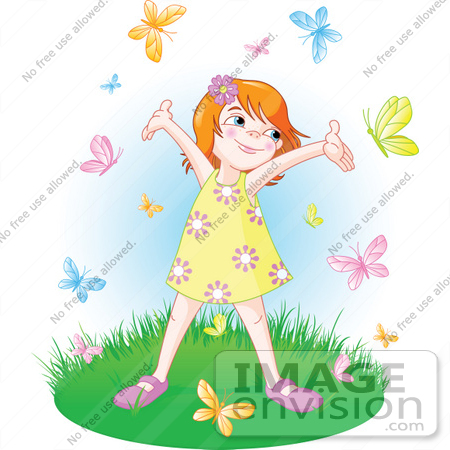 #56451 Royalty-Free (RF) Clip Art Illustration Of A Carefree Little Girl Holding Her Arms Up While Being Circled By Butterflies by pushkin