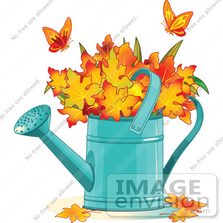 #56465 Royalty-Free (RF) Clip Art Illustration Of Two Butterflies Over Autumn Leaves In A Watering Can by pushkin