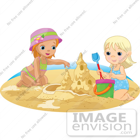 #56466 Royalty-Free (RF) Clip Art Illustration Of Two Sisters Building A Sand Castle On A Beach by pushkin