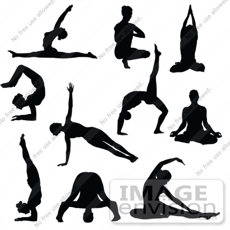 #56474 Royalty-Free (RF) Clip Art Illustration Of A Digital Collage Of Black Yoga People Silhouettes by pushkin