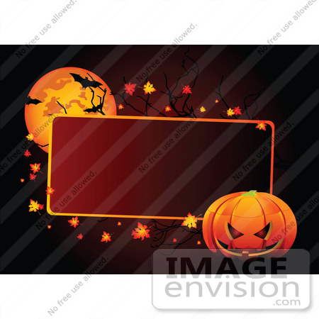 #56481 Royalty-Free (RF) Clip Art Illustration Of A Red Halloween Text Box With A Pumpkin, Leaves And Bats By A Full Moon by pushkin