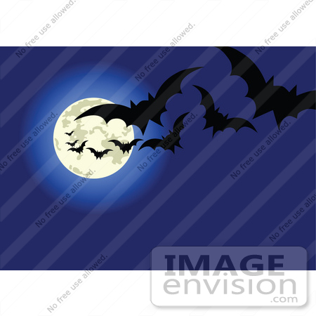 #56486 Royalty-Free (RF) Clip Art Illustration Of Fluttering Vampire Bats Silhouetted Against A Blue Full Moon Night Sky by pushkin