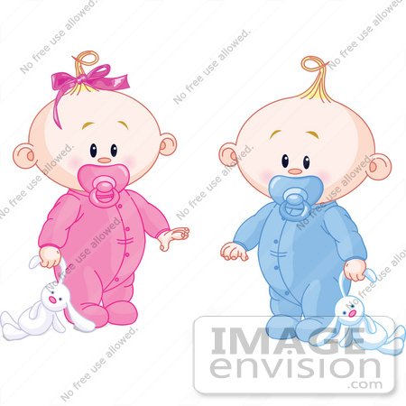 #56513 Royalty-Free (RF) Clip Art Illustration Of A Baby Girl And Boy Dragging A Stuffed Bunny by pushkin