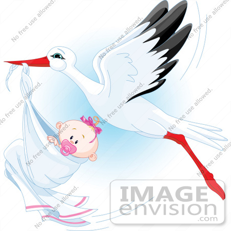 #56514 Royalty-Free (RF) Clip Art Illustration Of A Beautiful Stork Delivery A Baby Girl by pushkin