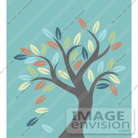 #56521 Royalty-Free (RF) Clip Art Illustration Of A Leafy Autumn Tree Over Turquoise by pushkin
