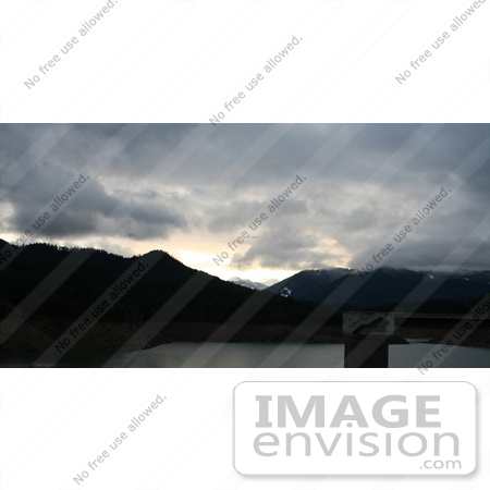 #579 Photograph of Mountains and an Intake Tower at Applegate Lake by Jamie Voetsch