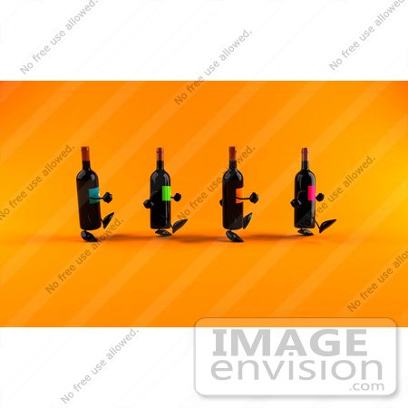 #60828 Royalty-Free (RF) Illustration Of A Group Of 3d Black Wine Bottle Mascots Walking Right - Version 2 by Julos