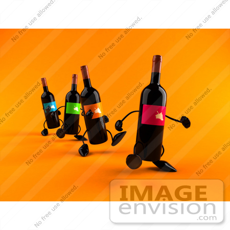 #60832 Royalty-Free (RF) Illustration Of A Row Of 3d Black Wine Bottle Mascots Walking Forward - Version 2 by Julos