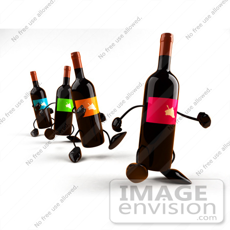 #60837 Royalty-Free (RF) Illustration Of A Row Of 3d Wine Bottle Characters Walking Forward - Version 1 by Julos