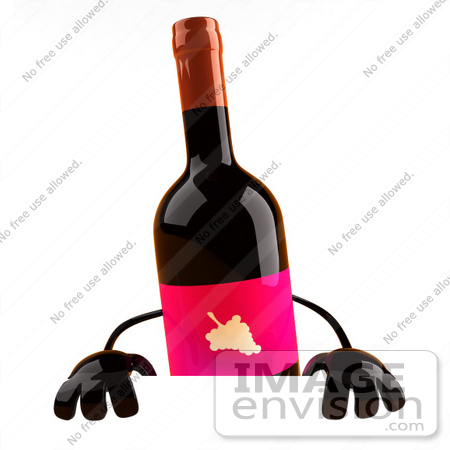#60846 Royalty-Free (RF) Illustration Of A 3d Wine Bottle Character Standing Behind A Blank Sign by Julos