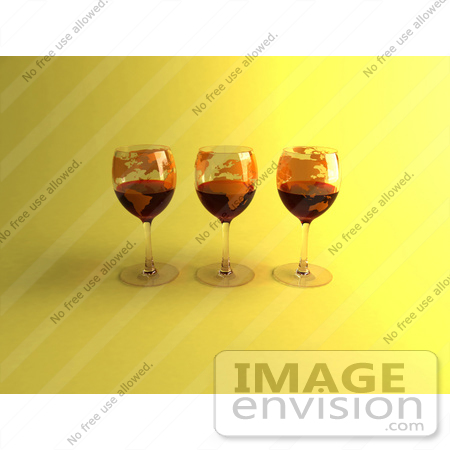 #60857 Royalty-Free (RF) Illustration Of Three 3d Glasses Of Red Wine With Continents On The Glass - Version 5 by Julos