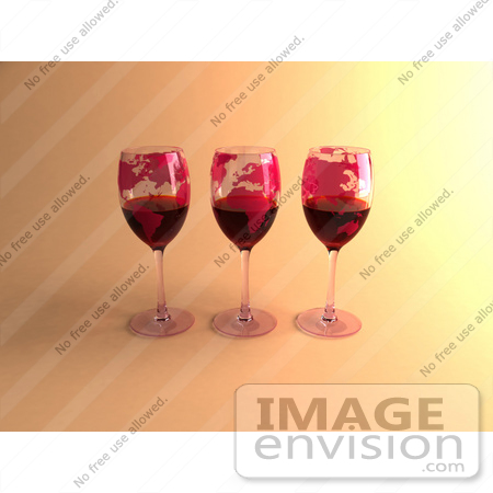 #60859 Royalty-Free (RF) Illustration Of Three 3d Glasses Of Red Wine With Continents On The Glass - Version 1 by Julos