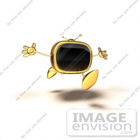 #60894 Royalty-Free (RF) Illustration Of A 3d Gold Television Mascot Running With His Arms Open by Julos