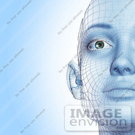 #60908 Royalty-Free (RF) Illustration Of A Half Of A Futuristic Wire Frame Female Head Diagram Facing Front - Version 1 by Julos
