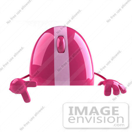 #60937 Royalty-Free (RF) Illustration Of A 3d Pink Computer Mouse Character Pointing Down And Standing Behind A Blank Sign by Julos