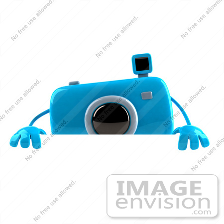 #60965 Royalty-Free (RF) Illustration Of A 3d Blue Camera Boy Character Standing Behind A Blank Sign by Julos