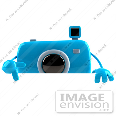 #60966 Royalty-Free (RF) Illustration Of A 3d Blue Camera Boy Character Pointing Down And Standing Behind A Blank Sign by Julos