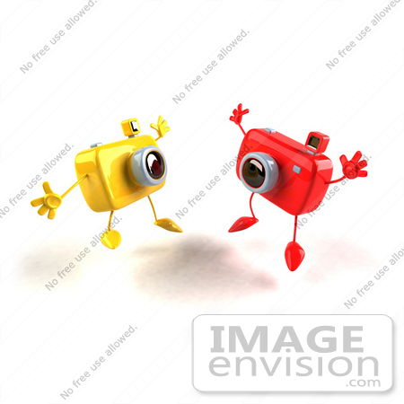 #60973 Royalty-Free (RF) Illustration Of Two 3d Yellow And Red Camera Boy Mascots Jumping - Version 1 by Julos