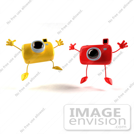#60974 Royalty-Free (RF) Illustration of Two 3d Yellow And Red Camera Boy Characters Jumping - Version 2 by Julos