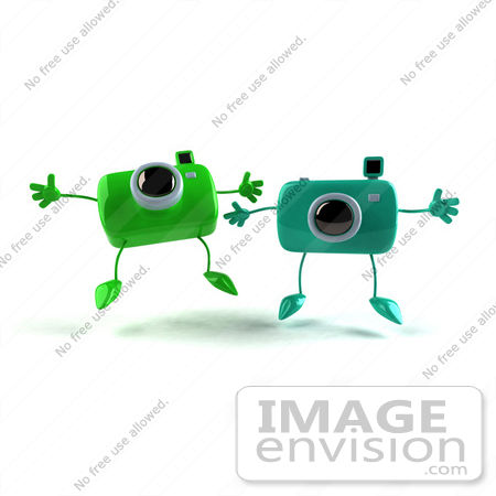 #60975 Royalty-Free (RF) Illustration Of Two 3d Green Camera Boy Characters Jumping - Version 1 by Julos