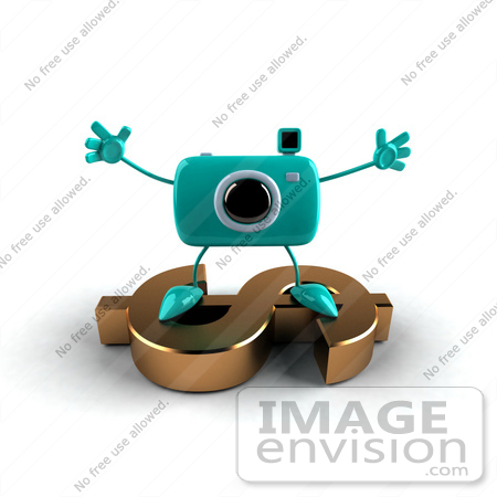#60978 Royalty-Free (RF) Illustration Of A 3d Turquoise Camera Boy Character Standing On A Gold Dollar Symbol - Version 3 by Julos