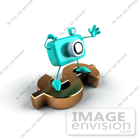 #60980 Royalty-Free (RF) Illustration Of A 3d Turquoise Camera Boy Character Standing On A Gold Dollar Symbol - Version 2 by Julos