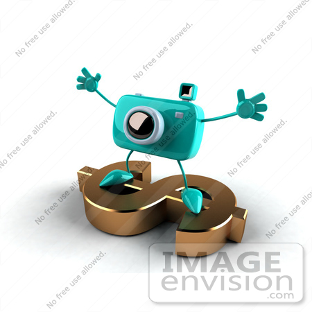 #60982 Royalty-Free (RF) Illustration Of A 3d Turquoise Camera Boy Character Standing On A Gold Dollar Symbol - Version 4 by Julos