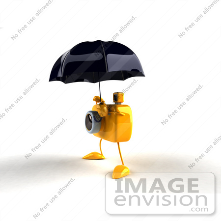 #60992 Royalty-Free (RF) Illustration Of A 3d Yellow Camera Boy Character Standing Under An Umbrella - Version 3 by Julos