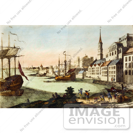 #61046 Royalty-Free Historical Illustration Of People And Boats In The Harbor, Boston, Massachusetts by JVPD