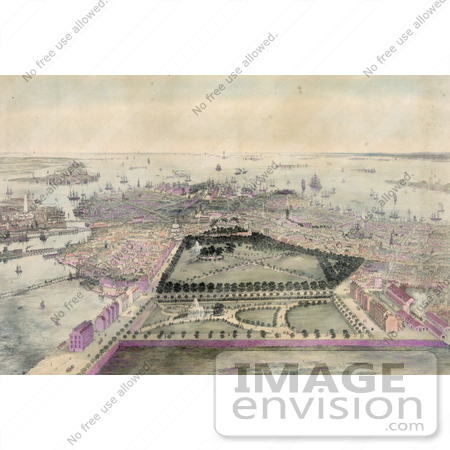 #61053 Royalty-Free Historical Illustration Of An Aerial Veiw Down On Boston, Masachusetts by JVPD