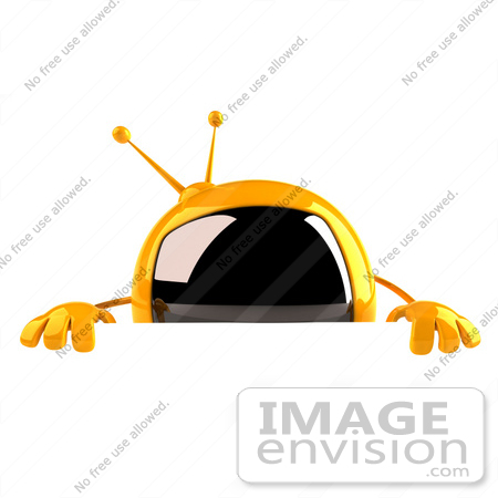 #61073 Royalty-Free (RF) Illustration Of A 3d Yellow Square Television Character Standing Behind A Blank Sign by Julos