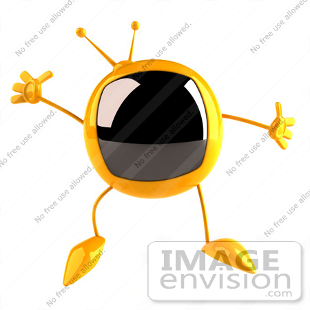 #61075 Royalty-Free (RF) Illustration Of A 3d Yellow Square Television Character Jumping - Version 1 by Julos