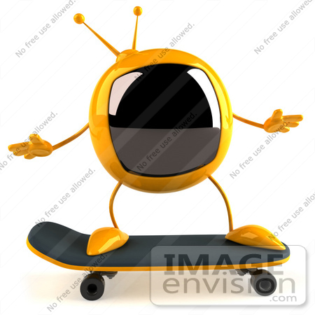 #61077 Royalty-Free (RF) Illustration Of A 3d Yellow Square Television Character Skateboarding - Pose 1 by Julos